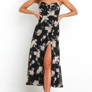 Floral Black Strappy Midi Dress with Slit